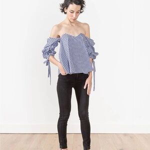Caroline Constas Blue Checkered Puff Sleeve Blouse